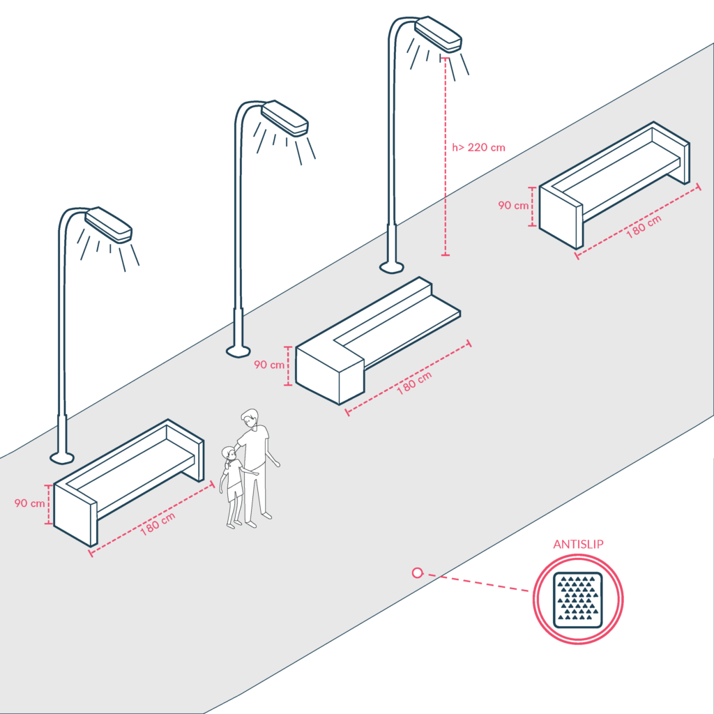 Street furniture with spacing and lighting devices