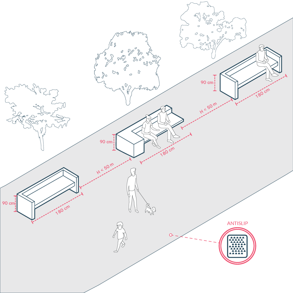 Street furniture with seating dimensions.